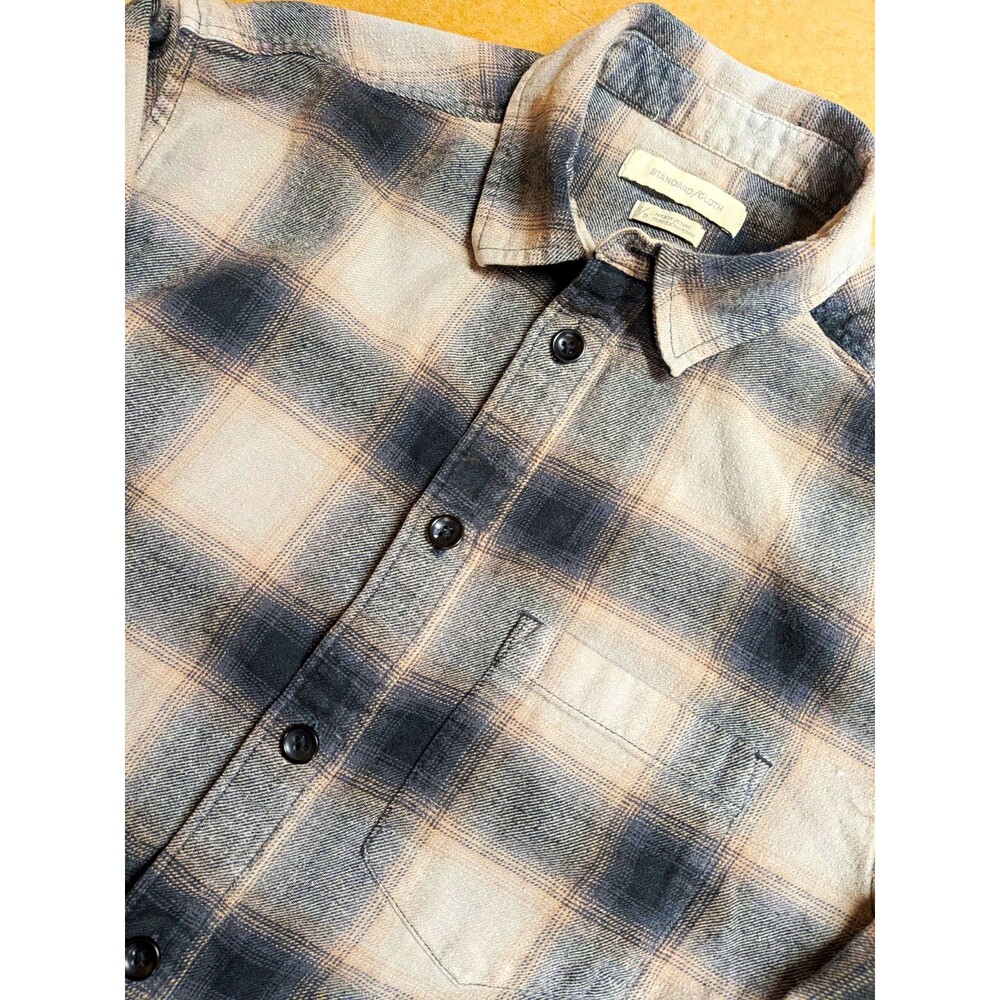 Standard/Cloth Shirt Mens S Gray Cream Plaid Flannel Cotton L/S Button-Up